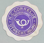 710571 Ronde sluitzegel van Postzegelhandel H.C. Correljé, Nobelstraat 7 te Utrecht. Met de afbeelding van een posthoorn.